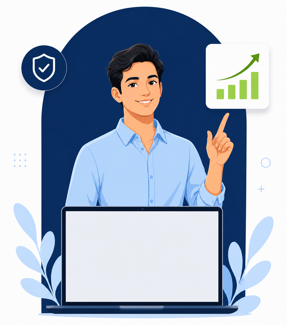 Illustration of a chartered accountant professional at a laptop, pointing to a rising growth chart
